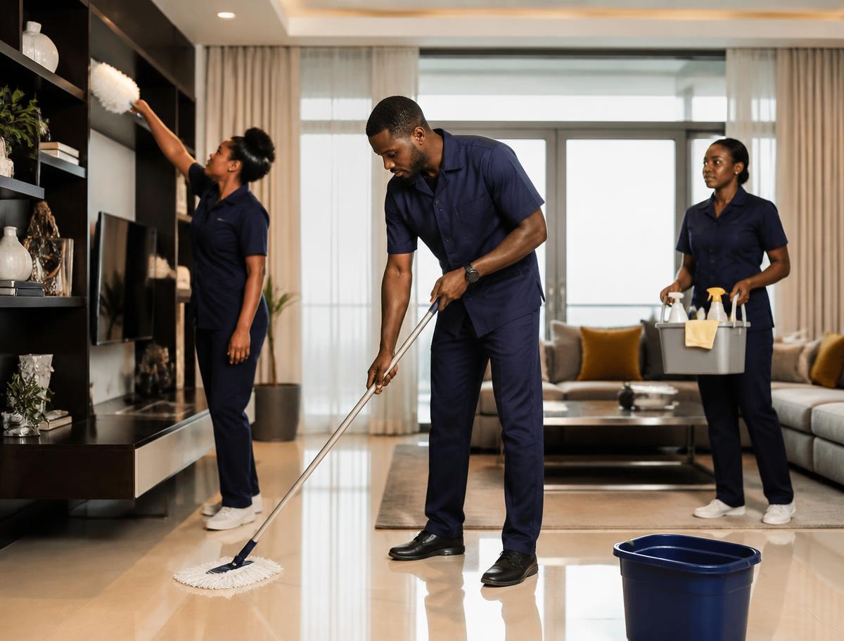 Cleaning team at work in a Lagos apartment